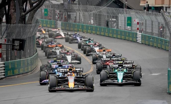 Formula 1 Grand Prix Monaco 2023 28 05 2023, Circuit de Monaco, Monte Carlo, Formula 1 Grand Prix Monaco 2023 ,in the picture race start Max Verstappen NLD , Oracle Red Bull Racing, Fernando Alonso ESP , Aston Martin Aramco Cognizant Formula One Team, Esteban Ocon FRA , BWT Alpine F1 Team, Charles Leclerc MCO , Scuderia Ferrari, Lewis Hamilton GBR , Mercedes AMG Petronas Formula One Team, Carlos Sainz Jr ESP , Scuderia Ferrari, Pierre Gasly FRA , BWT Alpine F1 Team, George Russell GBR , Mercedes AMG Petronas Formula One Team nordphotoxGmbHx xBratic nph00250