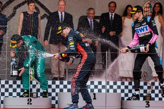 Max Verstappen Red Bull Racing , Fernando Alonso Aston Martin and Esteban Ocon Alpine F1 Team celebrate with Ferrari sparkling wine, Monaco Grand Prix, Motorsport, Formula 1, 2023 season, 28 05 2023 Monaco Grand Prix, Motorsport, Formula 1, 2023 season, 28 05 2023 Monaco Copyright: xEibner-Pressefoto AlexanderxNeisx EP_ANS
