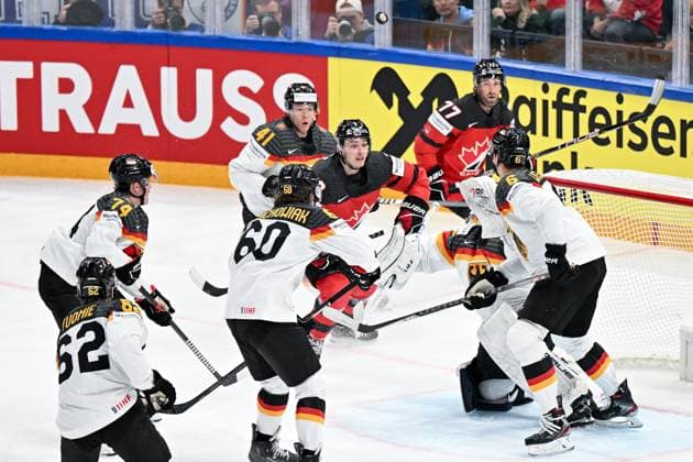 Mathias Niederberger 35, German Ice Hockey Federation, Germany Germany, Team Germany Wojciech Stachowiak 60, German Ice Hockey Federation, Germany Germany, Team Germany Jonas Mueller 41, German Ice Hockey Federation, Germany Germany, Team Germany Kai Wissmann 6, German Ice Hockey Federation, Germany Germany, Team Germany Brad Hunt 77, Canada, Canada, Team Canada Canada vs Germany, Ice Hockey, Ice Hockey World Championship , Final, 28 05 2023, Canada vs Germany, Ice Hockey, Ice Hockey World Championship , Final, 28 05 2023 Tampere Copyright: xEibner-Pressefotox xBirgitxHaefnerx EP_BHF