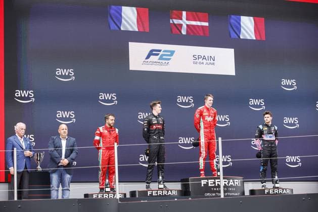 VESTI Frederik (dnk), Prema Racing, Dallara F2, portrait POURCHAIRE Thà o (fra), ART Grand Prix, Dallara F2, portrait MARTINS Victor (fra), ART Grand Prix, Dallara F2, portrait podium during the Formula 1 AWS Gran Premio de Espana 2023, 7th round of the 2023 Formula One World Championship, WM, Weltmeisterschaft from June 2 to 4, 2023 on the Circuit de Barcelona-Catalunya, in Montmelo, Spain - F1 - SPANISH GRAND PRIX 2023 DPPI Panoramic 00123014__R3_0014