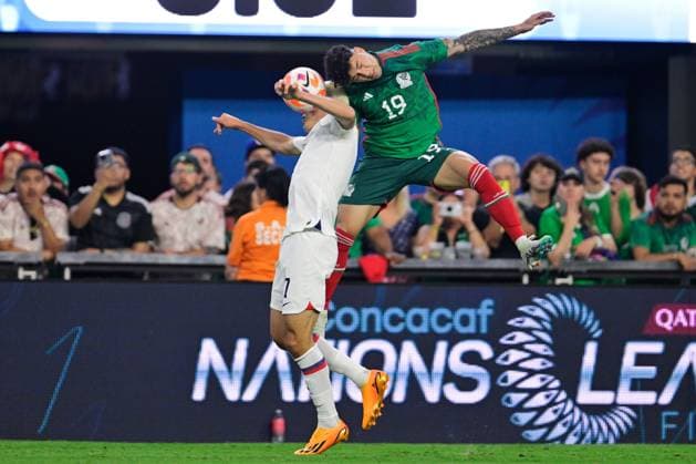RECORD DATE NOT STATED CONCACAF NATIONS LEAGUE 2022-2023 United States vs Mexico SF (L-R), Giovanni Reyna of USA and Gerardo Arteaga of Mexico during the game United States (USA) vs Mexico (Mexican national team, Nationalteam , corresponding to Semifinals of Final Four of the CONCACAF Nations League 2022-2023, at Allegiant Stadium, on June 15, 2023. <br><br> (I-D), Giovanni Reyna de USA y Gerardo Arteaga de Mexico durante el partido Estados Unidos (EUA) vs Mexico (Seleccion Mexicana), correspondiente a Semifinales del Final Four de la Liga de Naciones CONCACAF 2022-2023, en el Allegiant Stadium, el 15 de junio de 2023. LAS VEGAS NEVADA ESTADOS UNIDOS Copyright: xJorgexMartinezx 20230615212047_CNL_23_SF_USA_MEX_REYNA116