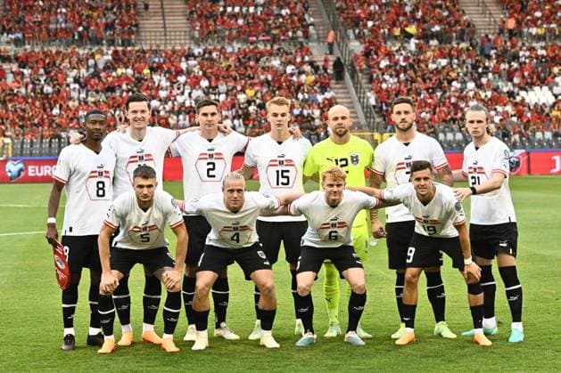 BRUSSELS, BELGIUM - JUNE 17: A group photo of Austria s players - David Alaba, Michael Gregoritsch, Maximilian Wober, Philipp Lienhart, Alexander Schlager, Marko Arnautovic, Patrick Wimmer, Stefan Posch, Xaver Schlager, Nicolas Seiwald, Christoph Baumgartner during the UEFA European Qualifiers 2024 match between Belgium and Austria at King Baudouin Stadium on June 17, 2023 in Brussels, Belgium. Photo by Sebastian Frej Belgium v Austria - UEFA European Qualifiers 2024 Copyright: xSebastianxFrejx