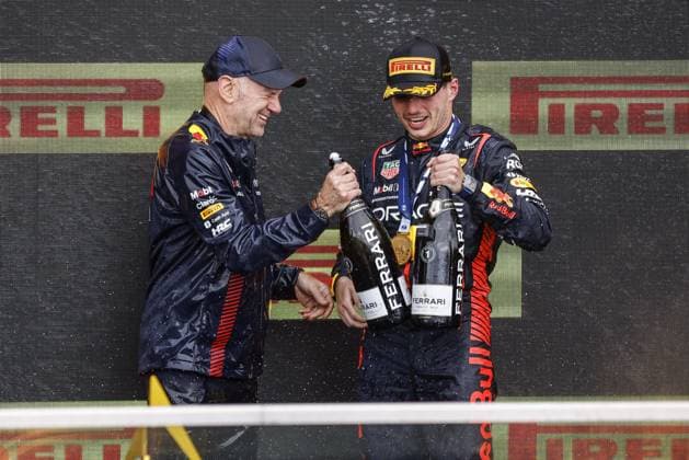 NEWEY Adrian (gbr), Chief Technical Officer of Red Bull Racing, portrait VERSTAPPEN Max (ned), Red Bull Racing RB19, portrait celebrates Red Bull s 100th victory podium during the Formula 1 Pirelli Grand Prix du Canada, 8th round of the 2023 Formula One World Championship, WM, Weltmeisterschaft from June 16 to 18, 2023 on the Circuit Gilles Villeneuve, in Montrà al, Canada - F1 - CANADIAN GRAND PRIX 2023 - RACE DPPI Panoramic 00123021__R5_1460
