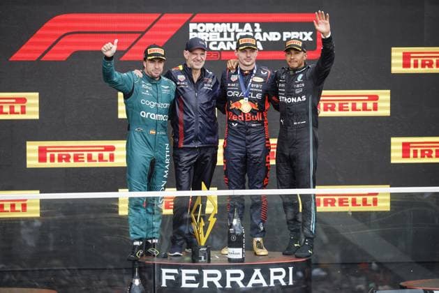 ALONSO Fernando (spa), Aston Martin F1 Team AMR23, portrait NEWEY Adrian (gbr), Chief Technical Officer of Red Bull Racing, portrait VERSTAPPEN Max (ned), Red Bull Racing RB19, portrait HAMILTON Lewis (gbr), Mercedes AMG F1 Team W14, portrait during the Formula 1 Pirelli Grand Prix du Canada, 8th round of the 2023 Formula One World Championship, WM, Weltmeisterschaft from June 16 to 18, 2023 on the Circuit Gilles Villeneuve, in Montrà al, Canada - F1 - CANADIAN GRAND PRIX 2023 - RACE DPPI Panoramic 00123021__R5_1504