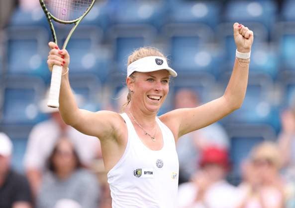 Mandatory Credit: Photo by Ryan Browne Shutterstock (13977104s) Magdalena Frech of Poland celebrates winning her round of 16 match. Rothesay Classic, Day Four, Tennis, Edgbaston Priory Club, Birmingham, UK - 22 Jun 2023 Rothesay Classic, Day Four, Tennis, Edgbaston Priory Club, Birmingham, UK - 22 Jun 2023 Copyright: xRyanxBrowne Shutterstockx 13977104s