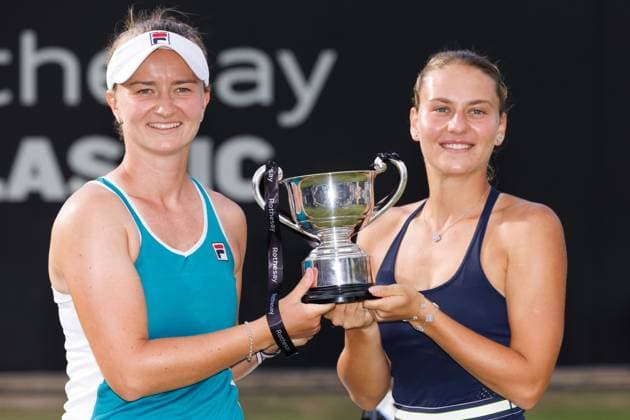 Mandatory Credit: Photo by Ryan Browne Shutterstock (13977110bf) Barbora Krejikova and Marta Kostyuk pose after winning the Women s Doubles Final of the Rothesay Classic. Rothesay Classic, Day Seven, Tennis, Edgbaston Priory Club, Birmingham, UK - 25 Jun 2023 Rothesay Classic, Day Seven, Tennis, Edgbaston Priory Club, Birmingham, UK - 25 Jun 2023 Copyright: xRyanxBrowne Shutterstockx 13977110bf
