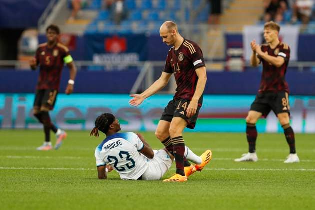 UEFA U21 European Championship, Germany England, 3 group match, 28 06 2023, Batumi Henning MATRICIANI 14, Germany, FC Schalke 04 , Noni MADUEKE 23, England , UEFA U21 European Football Championship in Romania and Georgia, Germany England, 3 group match, 28 06 2023, Batumi Copyright: xBEAUTIFULxSPORTS Meuselx