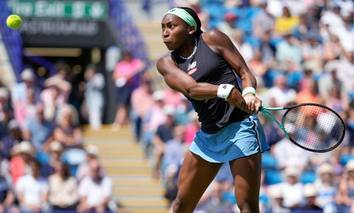 Mandatory Credit: Photo by Dave Shopland Shutterstock (13984801al) USA s Coco Gauff in action during her semi final defeat Rothesay International Eastbourne, Tennis, Day Five, Devonshire Park, Eastbourne, UK - 30 Jun 2023 Rothesay International Eastbourne, Tennis, Day Five, Devonshire Park, Eastbourne, UK - 30 Jun 2023 Copyright: xDavexShopland Shutterstockx 13984801al