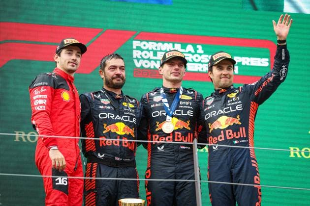 Austrian Grand Prix - Max Verstappen Wins Podium: Charles Leclerc (mco), Scuderia Ferrari SF-23, Max Verstappen (ned), Red Bull Racing RB19, Sergio Perez (mex), Red Bull Racing RB19, portrait, during the 2023 Formula 1 Rolex Grosser Preis von Osterreich, 2023 Austrian Grand Prix, 9th round of the 2023 Formula One World Championship, WM, Weltmeisterschaft from June 30 to July 2, 2023 on the Red Bull Ring, in Spielberg, Austria. Photo by Florent Gooden DPPI IPA ABACAPRESS.COM Spielberg Austria Copyright: xIPA ABACAx 859212_009 IPA ABACAx 859212_009
