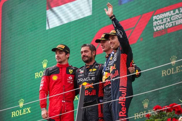 16 Charles Leclerc (MCO, Scuderia Ferrari), 1 Max Verstappen (NLD, Oracle Red Bull Racing), 11 Sergio Perez (MEX, Oracle Red Bull Racing), F1 Grand Prix of Austria at Red Bull Ring on July 2, 2023 in Spielberg, Austria. (Photo by HOCH ZWEI Italy Photo Press) (Verwendung nur in Deutschland - GERMANY ONLY) *** 16 Charles Leclerc MCO, Scuderia Ferrari , 1 Max Verstappen NLD, Oracle Red Bull Racing , 11 Sergio Perez MEX, Oracle Red Bull Racing , F1 Grand Prix of Austria at Red Bull Ring on July 2, 2023 in Spielberg, Austria Photo by HOCH ZWEI Italy Photo Press Use only in Germany GERMANY ONLY