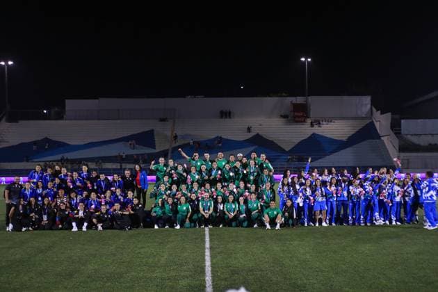 RECORD DATE NOT STATED JCC San Salvador 2023 Venezuela vs Mexico Final Gold Medal (L-R), Venezuela Silver Medal, Players of Mexico Winners of Gold Medal, El Salvador Bronze Medal during the game Venezuela vs Mexico (Mexican national team, Nationalteam , corresponding to Final Gold Medal of Womens Soccer at the Central American and Caribbean Games San Salvador 2023, at Las Delicias National Stadium, on July 07, 2023. <br><br> (I-D), Venezuela Medalla de Plata, Jugadoras de Mexico Ganadoras de la Medalla de Oro, El Salvador Medalla de bronce durante el partido Venezuela vs Mexico (Seleccion Mexicana), correspondiente a Final por Medalla de Oro del Futbol Femenino en los Juegos Centroamericanos y del Caribe San Salvador 2023, en el Estadio Nacional Las Delicias, el 07 de Julio de 2023. SAN SALVADOR SAN SALVADOR EL SALVADOR Copyright: xUlisesxNaranjox 20230707234234_JCC_23_W_VEN_MEX_MEXICO106