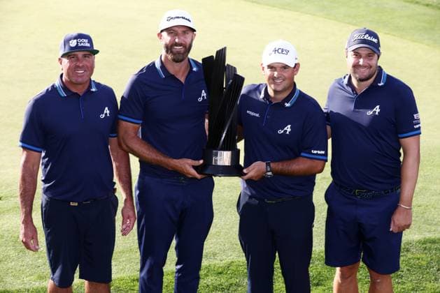 Mandatory Credit: Photo by James Marsh Shutterstock (13995950be) Dustin Johnson, Patrick Reed, Peter Uihlein and Pat Perez of Team Aces celebrate winning the team tournament. LIV Golf Invitational London, Day Three, Golf, Centurion Club, Hemel Hempstead, UK - 09 Jul 2023 LIV Golf Invitational London, Day Three, Golf, Centurion Club, Hemel Hempstead, UK - 09 Jul 2023 Copyright: xJamesxMarsh Shutterstockx 13995950be