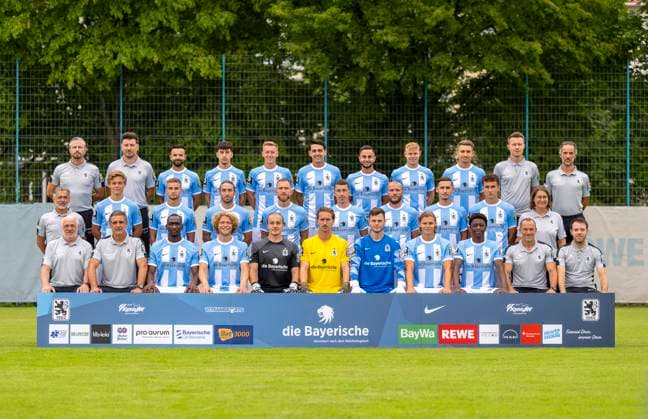 16 07 2023, Football 3 Liga 2023 2024, TSV 1860 Munich, portrait date 2023 2024, team photo at Grünwalderstrasse 114, Munich hi row v lI Physiotherapist Nick Wurian TSV 1860 , Co coach Stefan Reisinger TSV 1860 Munich , Albion Vrenezi TSV 1860 Munich , Devin Sür TSV 1860 Munich , Fabian Greilinger TSV 1860 Munich , Eroll Zejnullahu TSV 1860 Munich , Kurt Kaan TSV 1860 Munich , Kilian Ludewig TSV 1860 Munich , Julian Guttau TSV 1860 Munich , Co coach Franz Hübl TSV 1860 Munich , Physiotherapist Stefan Müller 1860 Munich Middle row from left Coach Maurizio Jacobacci TSV 1860 Munich , Tim Kloss 1860 Munich , Niklas Lang TSV 1860 München , MMarlon Frey TSV 1860 München , Tim Rieder 1860 München , Phillipp Steinhart 1860 München , Manfred Starke TSV 1860 München , Milos Cocic TSV 1860 München , Michael Glück TSV 1860 München , Team doctor Dr Monika Mrosek Bottom row from left Witness Norbert Stegmann, Goalkeeper coach Harald Huber 1860 München , Tarsis Bonga TSV 1860 München , Jesper Verlaat TSV 1860 München , Julius Schmid TSV 1860 München , Goalkeeper Marco Hiller TSV 1860 München , Goalkeeper David Richter TSV 1860 München , Fynn Lakenmacher TSV 1860 München , Mansour Ouro Tagba TSV 1860 München , Athletic trainer Jörg Mikoleit TSV 1860 , Team manager Fatih Aslan TSV 1860