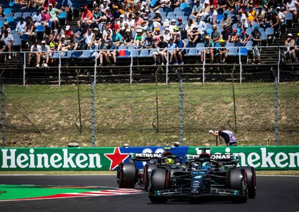 George Russell UK, Mercedes AMG Petronas F1 Team 63 front , Lewis Hamilton UK, Mercedes AMG Petronas F1 Team 44 HUN, Formula 1, Hungaroring, Hungary, 22 07 23 HUN, Formula 1, Hungaroring, Hungary, 22 07 23 Budapest Copyright: xFoto:xEIBNER ThomasxFuesslerx EP_tfr