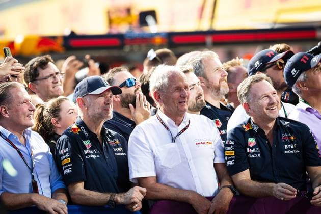 The Red Bull management Adrien Newey GB, Oracle Red Bull Racing, Head of Red Bull Technology , Helmut Marko, Aut, Oracle Red Bull Racing, Head of Motorsport , Christian Horner, GB, Oracle Red Bull Racing, Team Principal, second from left is satisfied with the race result HUN, Formula 1, Hungaroring, Hungary, 23 07 23 HUN, Formula 1, Hungaroring, Hungary, 23 07 23 Budapest Copyright: xFoto:xEIBNER ThomasxFuesslerx EP_tfr