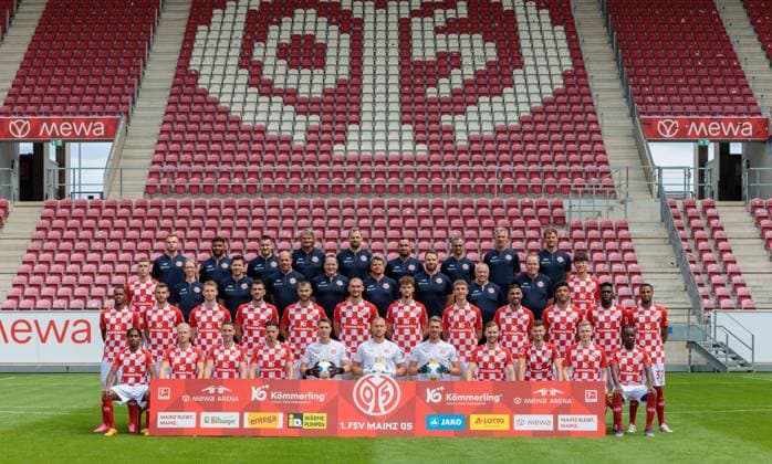 Football Official Team Photo 1 FSVMainz 05, Lineup Official Team Photo 1 FSV Mainz 05, Bundesliga Season 2023 2024 Top Row Jannes Ehresmann Video Analysis , Tijan Njie Video Analysis , Marc Heidenmann Co Trainer , Stephan Kuhnert Goalkeeper Coach , Bo Svensson Head Coach , Babak Keyhanfar Co Trainer , Sven Herzog Head of Performance , Axel Busenkell Head of Rehabilitation , Jonas Grünewald Deputy Head of Performance Center Top Brajan Gruda, Dr Kathrin Stelzer Physician , PD Dr Stefan Mattyasovszky Physician , Christopher Rohrbeck Physiotherapist , Stefan Kamilli Physiotherapist , Steffen Tröster Physiotherapist , Nico Hölzel Physiotherapist , Walter Notter Zeugwart , Torsten Körner Zeugwart , Jae sung Lee Middle Bottom Edimilson Fernandes, Maxim Leitsch, Sepp van den Berg, Stefan Bell, Alexander Hack, Ludovic Ajorque, Anton Stach, Nelson Weiper, Aymen Barkok, Karim Onisiwo, Danny da Costa, Delano Burgzorg Front row Leandro Barreiro Martins, Andreas Hanche Olsen, Dominik Kohr, Anthony Caci, Lasse Rieß, Robin Zentner, Daniel Batz, Silvan Widmer, Tom Krauß, Jonathan Burkardt, Merveille Papela