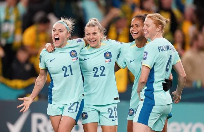 July 31, 2023, Melbourne, Australia: Ellie Carpenter (left to right), Charlotte Grant, Mary Fowler and Clare Polkinghorne of Australia celebrate after winning their Group B soccer match 4-0 against Canada at the FIFA Women s World Cup in Melbourne, Australia, Monday, July 31, 2023. Canada News - July 31, 2023 - ZUMAc35_ 20230731_zaf_c35_030 Copyright: xScottxBarbourx