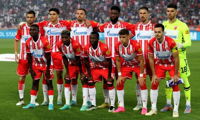 26.07.2023 Belgrade(Serbia) FK Crvena Zvezda(Red Star)-AC Fiorentina International Friendly, Länderspiel, Nationalmannschaft men s football Crvena Zvezda(Red Star) team L- R above: Srdjan Mijailovic,Marko Stamenic,Milan Rodic,Jean-Philippe Krasso,Milos Degenek,Omri Glazer Down: Kings Kangwa,Peter Olayinka ,Osman Bukari,Stefan Mitrovic,Mirko Ivanic :