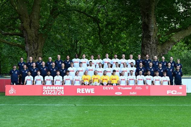1 FC Köln 1 BL, portrait date 2023 2024, team photo Back row, from left Athletics coach Niko Romm, coach Michael Liebetrut, kit attendant Ben Zerweck, kit attendant Frank Almstedt, kit attendant Kresimir Ban, team manager Marius Laux, Elias Bakatukanda, Luca Kilian, Emin Kujovic, Damion Downs, Steffen Tigges, Jeff Chabot, Florian Dietz, Kristian Pedersen, physiotherapist Marvin Kreuzwieser, physiotherapist Daniel Schütz, head physiotherapist Christian Osebold, physiotherapist Matti Forkel, team doctor Dr Paul Klein, team doctor Dr Bettina Kuper Middle row, from left head coach Steffen Baumgart, co coach Andrà Pawlak, Co Coach Renà Wagner, Co Coach Kevin McKenna, Video Analyst Hannes Dold, Goalkeeper Coach Uwe Gospodarek, Timo Hübers, Eric Martel, Davie Selke, Mark Uth, Denis Huseinbasic, Dejan Ljubicic, Mathias Olesen, Nikola Soldo, Athletic Trainer Max Weuthen, Athletic Trainer Tillmann Bockhorst, Athletic Trainer Leif Frach, Game analyst Denis Huckestein, Game analyst Seigo Hirakawa Front row, from left Dimitris Limnios, Noah Katterbach, Linton Maina, Florian Kainz, Luca Waldschmidt, Jacob Christensen, Matthias Köbbing, Marvin Schwäbe, Philipp Pentke, Jonas Nickisch, Benno Schmitz, Leart Paqarada, Sargis Adamyan, Max Finkgräfe, Maxi Schmid, Meiko Wäschenbach