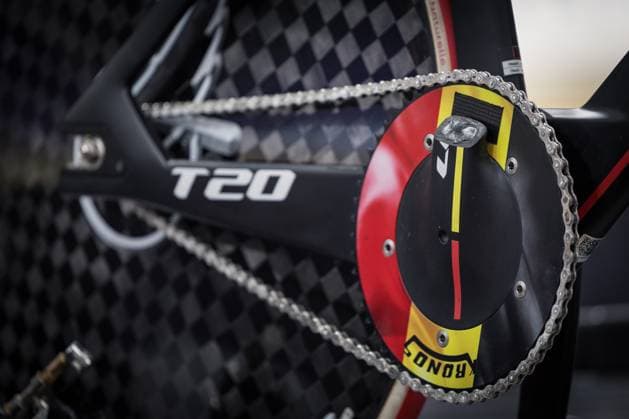 Bike details pictured during the Men C2 Individual Pursuit qualification event in Glasgow, Scotland, part of UCI World Championships Cycling, Wednesday 02 August 2023. UCI organise the worlds with all cycling disciplines, Road cycling, Rad, Radsport, Strasse indoor cycling, mountainbike, BMX racing, road paracycling and indoor paracycling, in Glasgow from 05 to 13 August. DAVIDxPINTENS x71527483x