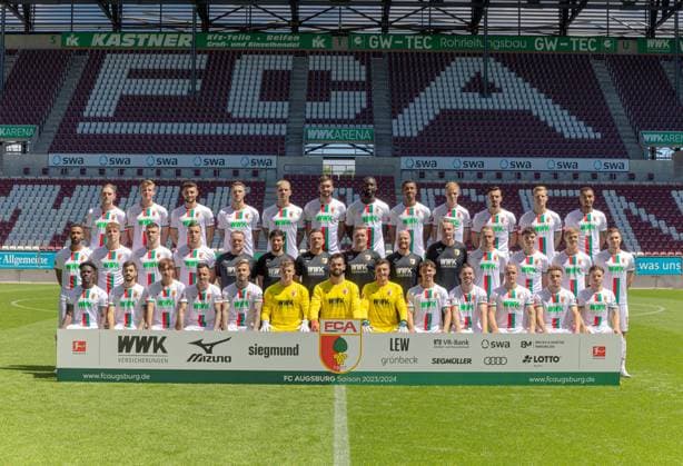 FC Augsburg 1 BL, portrait date 2023 2024, team photo, back row f l Fredrik Jensen, Frederik Winther, Maximilian Bauer, Jeffrey Gouweleeuw, Phillip Tietz, Dion Drena Beljo, Patric Pfeiffer, Felix Uduokhai, Tim Breithaupt, Mergim Berisha, Arne Maier, Maurice Malone middle row from left Noah Sarenren Bazee, Arne Engels, Jozo Stanic, Ermedin Demirovic, match video analyst Remigius Elert, match video analyst Benedikt Brust, Enrico Maaßen Coach FC Augsburg , Sebastian Block Co Trainer FC Augsburg , Jonas Scheuermann Co Trainer FC Augsburg , Marco Kostmann Goalkeeper Coach FC Augsburg , Irvin Cardona, Mert Kömür, Robert Gumny, Elvis Rexhbecaj front row v li Nathanaà l Mbuku, David Colina, Masaya Okugawa, Amaral Borduchi, Iago, Niklas Dorsch, Finn Dahmen goalkeeper , Tomas Koubek goalkeeper , Marcel Lubik goalkeeper , Aaron Zehnter, Raphael Framberger, Sven Michel, Ruben Vargas, Mads Pedersen missing Reece Oxford
