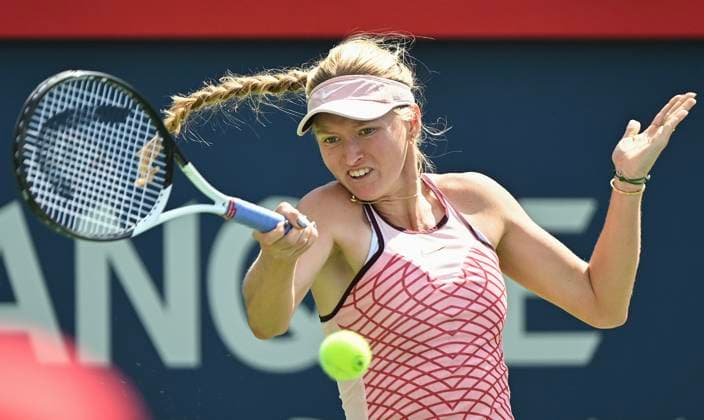 August 5, 2023, Montreal, PQ, Canada: Elvina Kalieva, from the United States, plays a shot to Camila Giorgi, from Italy, during their qualifying match at the National Bank Open tennis tournament in Montreal, Saturday, August 5, 2023. Camila Giorgi, Elvina Kalieva, - ZUMAc35_ 20230805_zaf_c35_039 Copyright: xGrahamxHughesx