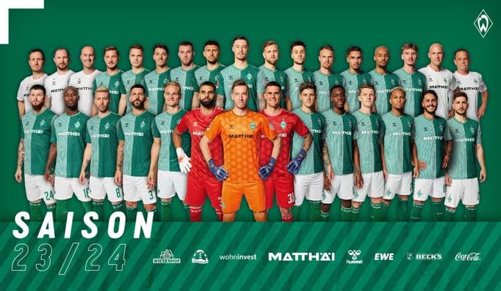 GER, Team portrait Werder Bremen 07 08 2023, Wohninvest Weserstadion, Bremen, GER, Team portrait Werder Bremen in picture picture shows Top row, from left Hannes Drews Co Trainer , Patrick Kohlmann Co Trainer , Ole Werner Head Coach , Niklas Stark, Niklas Schmidt, Nicolai Rapp, Marvin Ducksch, Milos Veljkovic, Marco Friedl, Niclas Füllkrug, Ilja Gruev, Christian Groß, Justin Njinmah, Manuel Mbom, Nick Woltemade, Christian Vander GoalkeeperCoach , Tom Cichon Co Trainer Bottom row, from left Oliver Burke, Naby Keïta, Mitchell Weiser, Anthony Jung, Amos Pieper, Eduardo Dos Santos Haesler, Jiri Pavlenka, Michael Zetterer, Dawid Kownacki, Dikeni Salifou, Jens Stage, Felix Agu, Leonardo Bittencourt, Romano Schmid CARSTENxHEIDMANNxFOTOGRAFIE;xWerderxviaxnordphotoxGmbH; nph00001