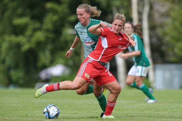f li Lina Hausicke SV Werder Bremen, 18 and Katja Orschmann 1 FC Union Berlin, 55 in duel, duel, dynamics, action, action, game scene, 13 08 2023, Ostereistedt Germany , football, test match women, 1 FC Union Berlin SV Werder Bremen xobx