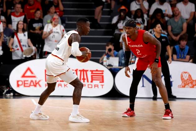 13 08 2023, German Basketball Federation, Supercup 2023, Hamburg, edel optics de Arena, Final, Germany Canada, Dennis Schröder GER, No17 , Shai Gilgeous Alexander CAN, No2 Hamburg edel optics de Arena Hamburg Germany