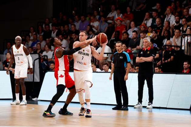 13 08 2023, German Basketball Federation, Supercup 2023, Hamburg, edel optics de Arena, Final, Germany Canada, Johannes Voigtmann GER, No7 , Rj Barrett, CAN, No9 Hamburg edel optics de Arena Hamburg Germany