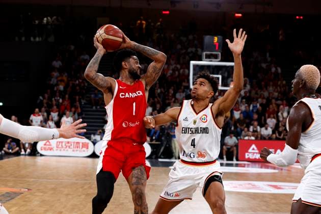 13 08 2023, German Basketball Federation, Supercup 2023, Hamburg, edel optics de Arena, Final, Germany Canada, Nickeil Alexander Walker CAN, No1 , Maodo Lo GER, No4 Hamburg edel optics de Arena Hamburg Germany