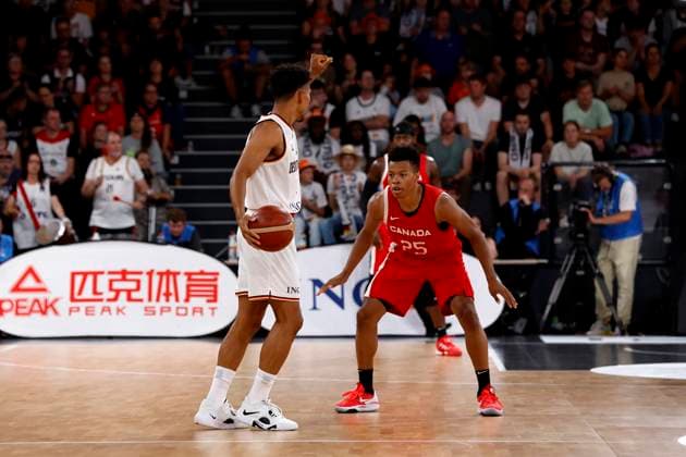 13 08 2023, German Basketball Federation, Supercup 2023, Hamburg, edel optics de Arena, Final, Germany Canada, Maodo Lo GER, No4 , Trae Bell Haynes CAN, No25 Hamburg edel optics de Arena Hamburg Germany
