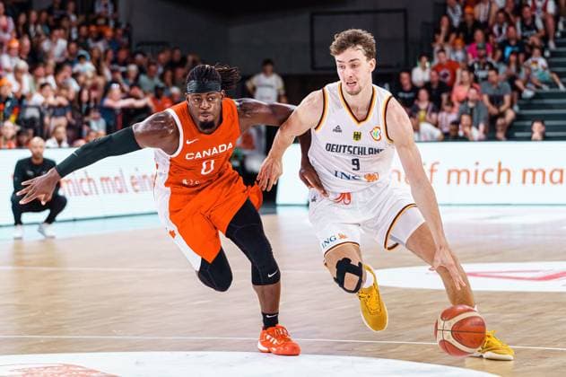 Luguentz Dort Canada, 00 , Franz Wagner Germany, 09 Germany vs Canada, basketball, DBB Supercup, final, 13 08 2023 Germany vs Canada, basketball, DBB Supercup, final, 13 08 2023 Hamburg, Germany. Copyright: xEibner-Pressefoto MarcelxvonxFehrnx EP_MFN