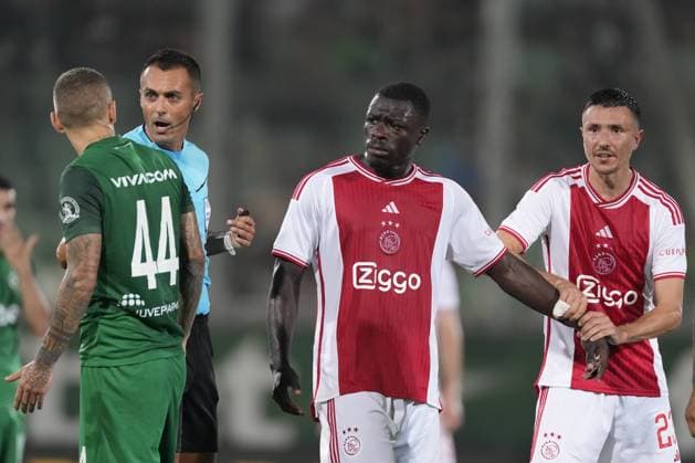 RAZGRAD, Bulgaria, 24-08-2023, football, Huvepharma Arena, Europa League qualification, season 2023 2024, during the match Ludogorets - Ajax, Ludogorets player Marcel Heister, Ajax player Brian Brobbey, Ajax player Steven Berghuis Ludogorets - Ajax x22054196x Copyright: