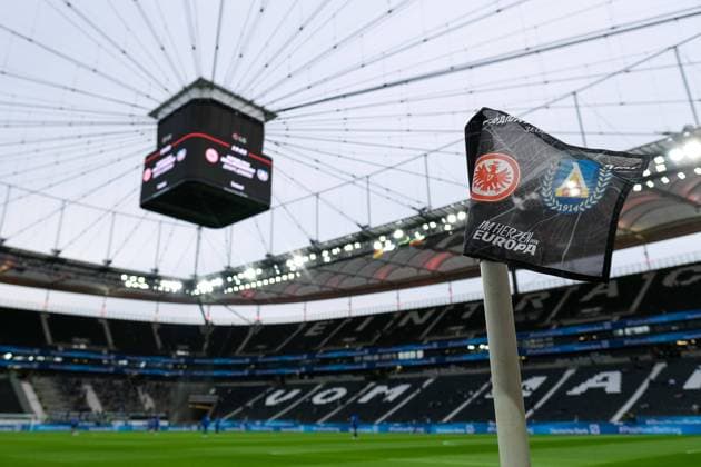 Corner flag with match description and crest, Eintracht Frankfurt vs Levski Sofia, football, Europa Conference League qualification, second leg, season 2023 2024, 31 08 2023, Eintracht Frankfurt vs Levski Sofia, football, Europa Conference League qualification, second leg, season 2023 2024, 31 08 2023, Frankfurt am Main Copyright: xMichaelxBermelx EP_EER