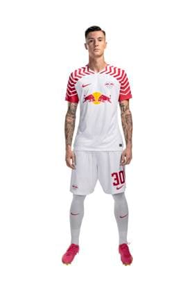 Benjamin Sesko RB Leipzig portrait appointment season 2023 2024, men, 1 BL, RB Leipzig, portrait, introduction, presentation, press appointment, soccer, GER, RedBull, Red Bull, RBL shooting, studio, studio shooting, freisteller, xptt