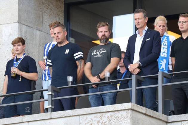 DEU, DFL, 2 FBL, Hertha BSC vs Braunschweig, 17 09 2023, Berliner Olympiastadion, Berlin, DEU, DFL, 2 FBL, Hertha BSC vs Braunschweig, in picture President Kay Bernstein Hertha BSC Berlin , Fabian Drescher Hertha BSC,Vice President , Thomas Herrich Hertha Geschaeftsleitung DFL regulations prohibit any use of Photographs as image sequences and or quasi video Foto Juergen Engler nordphoto GmbH nordphotoxGmbHx xEngler nph00076