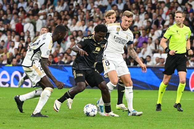 Football, men, season 2023 2024, Champions League Group C, 1 matchday , Real Madrid 1 FC Union Berlin, f l Antonio Ruediger Real Madrid , David Datro Fofana 1 FC Union Berlin and Toni Kroos Real Madrid in duel, battle for the ball, 20 09 2023, Copyright: xMatthiasxKochx