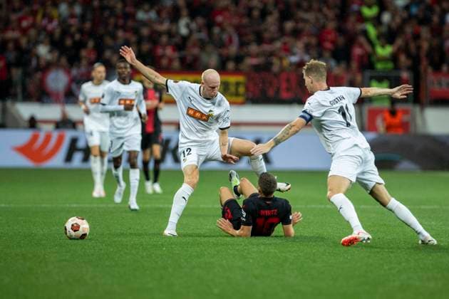 UEFA Europa League, Bayer Leverkusen BK Haecken, 21 09 2023 Florian WIRTZ Bayer 04 Leverkusen, 10 after a foul by Valgeir Lunddal Fridriksson BK Haecken, 12 on the ground, UEFA Europa League, Bayer 04 Leverkusen BK Haecken, 1 group match, on 21 09 2023, BayArena, Leverkusen DFL regulations prohibit any use of photographs as image sequences and or quasi video Copyright: xBEAUTIFULxSPORTS Meuselx