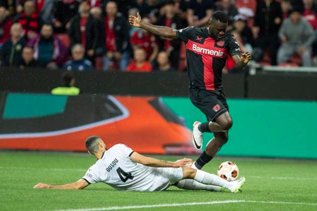 UEFA Europa League, Bayer Leverkusen BK Haecken, 21 09 2023 Aiham Ousou BK Haecken, 4 klaert against Victor BONIFACE Bayer 04 Leverkusen, 22 , UEFA Europa League, Bayer 04 Leverkusen BK Haecken, 1 group match, on 21 09 2023, BayArena, Leverkusen DFL regulations prohibit any use of photographs as image sequences and or quasi video Copyright: xBEAUTIFULxSPORTS Meuselx