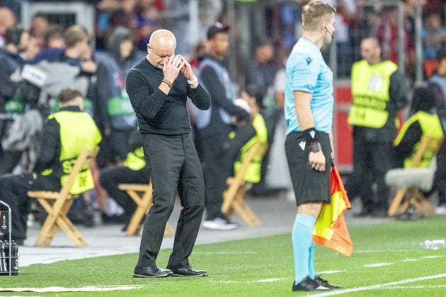 GER, EL, Bayer 04 Leverkusen vs BK Haecken, season 2023 24, 21 09 2023, BayArena, Leverkusen, GER, EL, Bayer 04 Leverkusen vs BK Haecken, season 2023 24, In picture Per Mathias Hoegmo BK Haecken, head coach single action, whole body whole body disappointed. nordphotoxGmbHxx xDenkinger nph00015