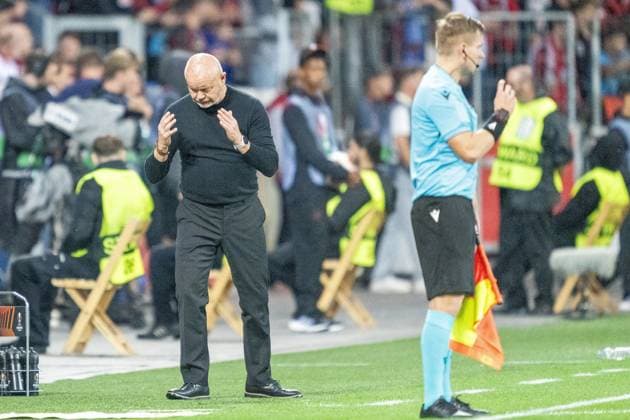 GER, EL, Bayer 04 Leverkusen vs BK Haecken, season 2023 24, 21 09 2023, BayArena, Leverkusen, GER, EL, Bayer 04 Leverkusen vs BK Haecken, season 2023 24, In picture Per Mathias Hoegmo BK Haecken, head coach single action, whole body whole body disappointed. nordphotoxGmbHxx xDenkinger nph00015