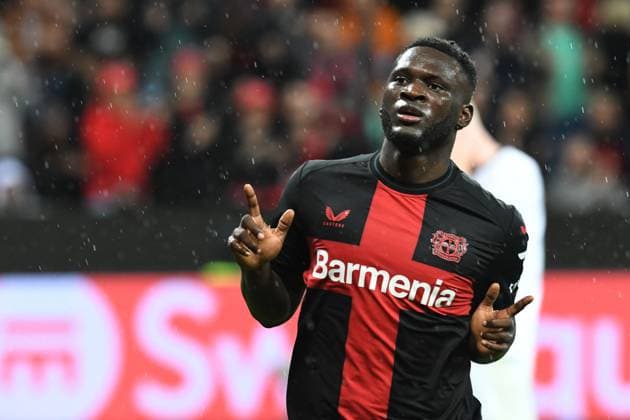Goal scorer Victor Boniface Bayer 04 Leverkusen celebrates his goal to make it 3 0 GER, Bayer 04 Leverkusen vs BK Haecken, Football, Europa League, Group Stage, Matchday 1, Season 2023 2024, 21 09 2023 DFL REGULATES PROHIBIT ANY USE OF PHOTOGRAPHS AS IMAGE SEQUENCES AND OR QUASI VIDEO GER, Bayer 04 Leverkusen vs BK Haecken, Football, Europa League, Group Stage, Matchday 1, Season 2023 2024, 21 09 2023 Leverkusen Copyright: xEibner-Pressefoto ThomasxThienelx EP_TTL