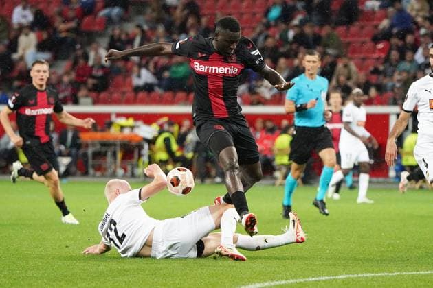 Football, UEFA Europa League 2023 2024, Group Stage , Group H, Matchday 1, Bayer 04 Leverkusen BK Häcken, 21 09 2023, Bayarena Leverkusen, Valgeir Lunddal Fridriksson, BK Häcken, Victor Boniface Bayer 04 Leverkusen,