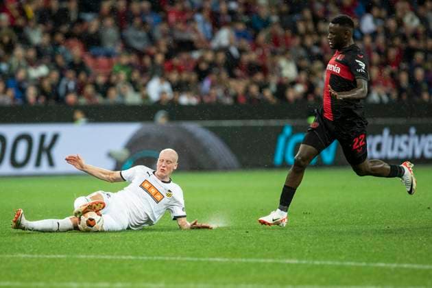 UEFA Europa League, Bayer Leverkusen BK Haecken, 21 09 2023 Valgeir Lunddal Fridriksson BK Haecken, 12 , Victor BONIFACE Bayer 04 Leverkusen, 22 , UEFA Europa League, Bayer 04 Leverkusen BK Haecken, 1 group match, on 21 09 2023, BayArena, Leverkusen DFL regulations prohibit any use of photographs as image sequences and or quasi video Copyright: xBEAUTIFULxSPORTS Meuselx