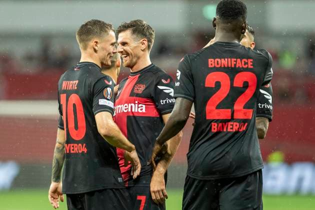 UEFA Europa League, Bayer Leverkusen BK Haecken, 21 09 2023 Jonas HOFMANN Bayer 04 Leverkusen, 7 cheers with Florian WIRTZ Bayer 04 Leverkusen, 10 after his goal, UEFA Europa League, Bayer 04 Leverkusen BK Haecken, 1 group match, on 21 09 2023, BayArena, Leverkusen DFL regulations prohibit any use of photographs as image sequences and or quasi video Copyright: xBEAUTIFULxSPORTS Meuselx