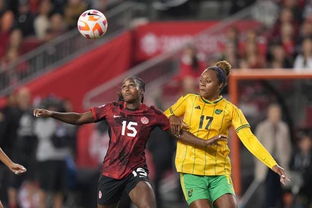 September 26, 2023, Toronto, ON, CANADA: Canada s Nichelle Prince, 15, and Jamaica s Allyson Swaby, 17, battle for the ball during first half CONCACAF women s championship soccer series match in Toronto on Tuesday Sept. 26, 2023. Canada News - September 26, 2023 - ZUMAc35_ 20230926_zaf_c35_138 Copyright: xNathanxDenettex