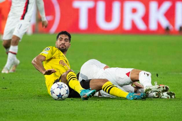 UEFA Champions League, Borussia Dortmund AC Milan, 04 10 2023 Emre Can Borussia Dortmund, 23 in duel with Olivier Giroud AC Milan, 9 , UEFA Champions League, Borussia Dortmund AC Milan, 2 group match, on 4 10 2023, Signal Iduna Park, Dortmund UEFA regulations prohibit any use of photographs as image sequences and or quasi video Copyright: xBEAUTIFULxSPORTS Meuselx