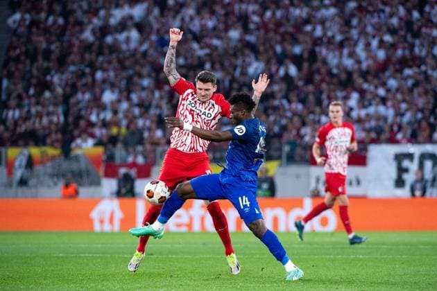 Mohammed Kudus West Ham United, 14 in duel with Lukas Kuebler SC Freiburg, 17 , GER, SC Freiburg SCF vs West Ham United WHU , Football UEFA Europa League, Group A, Matchday 2, Season 2023 2024, 05 10 2023 GER, SC Freiburg SCF vs West Ham United WHU , Football UEFA Europa League, Group A, Matchday 2, Season 2023 2024, 05 10 2023 Freiburg Copyright: xEibner-Pressefoto Memmlerx EP_MMR