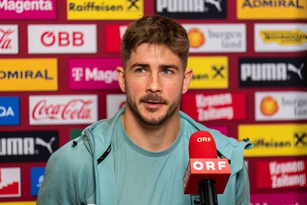 SOCCER - EURO 2024 Quali, AUT vs BEL, press conference, PK, Pressekonferenz VIENNA,AUSTRIA,10.OCT.23 - SOCCER - European Qualifiers 2024, OEFB international match, Länderspiel, Nationalmannschaft Austria vs Belgium, press conference. Image shows Romano Schmid (AUT). GEPAxpictures xEdgarxEisner
